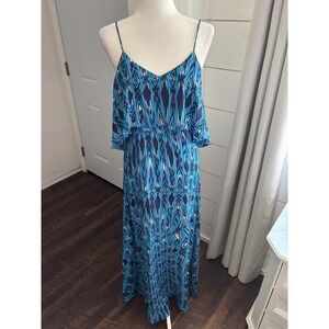 Blu Moon Dress Womens Small Blue Silk Maxi Spaghetti Strap Ikat Print Made USA
